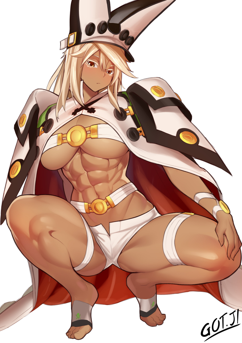 1girl abs arc_system_works artist_name belt belt_bra black_cape black_hat blonde_hair breast_strap breasts cape closed_mouth dark-skinned_female dark_skin expressionless female_focus full_body got_ji_(gojich1) guilty_gear guilty_gear_xrd hand_on_own_knee hat large_breasts light_blush long_hair looking_at_viewer muscular muscular_female orange_eyes ramlethal_valentine shorts simple_background solo spread_legs squatting thigh_strap thighs tiptoes toes two-tone_cape two-tone_hat variant_set white_background white_belt white_cape white_hat white_shorts