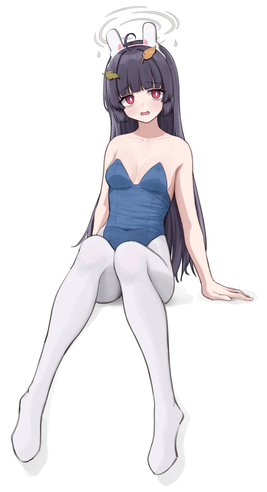 1girl absurdres alternate_costume animal_ears black_hair blue_archive blue_leotard blunt_bangs breasts bright_pupils commentary_request erenav facing_viewer fake_animal_ears grey_halo halo highres leotard long_hair looking_ahead miyu_(blue_archive) no_shoes open_mouth pantyhose playboy_bunny red_eyes simple_background sitting small_breasts solo strapless strapless_leotard white_background white_pantyhose white_pupils