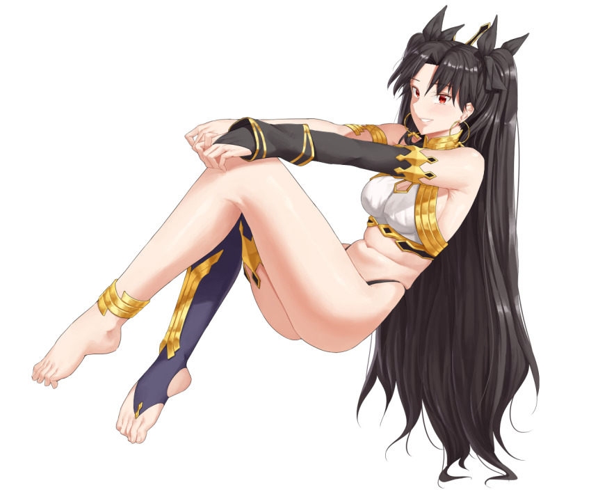 1girl bare_shoulders black_hair black_ribbon blue_thighhighs breasts detached_sleeves earrings fate/grand_order fate_(series) feet full_body hair_ornament hair_ribbon ishtar_(fate) jewelry large_breasts long_hair long_sleeves looking_at_viewer midriff navel parted_bangs parted_lips red_eyes ribbon sarhce simple_background single_sleeve single_thighhigh smile solo thighhighs thighs white_background