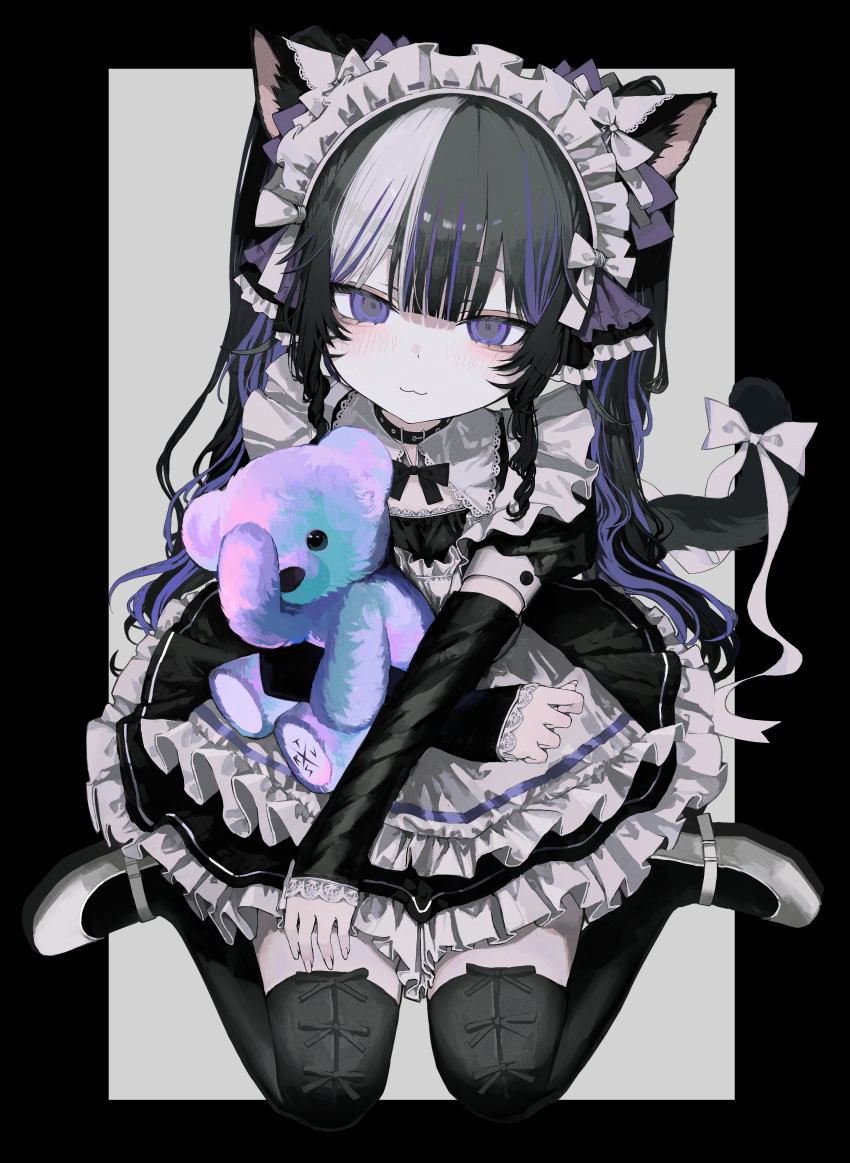 1girl :3 absurdres animal_ears black_border black_bow black_bowtie black_choker black_hair black_tail black_thighhighs blush border bow bowtie cat_ears cat_girl cat_tail choker closed_mouth detached_sleeves frills highres hugging_object looking_at_viewer maid_headdress multicolored_hair original outside_border purple_eyes purple_hair shoes simple_background sitting smile solo streaked_hair stuffed_animal stuffed_toy tail tail_bow tail_ornament teddy_bear tekito_midori thighhighs wariza white_hair white_shoes