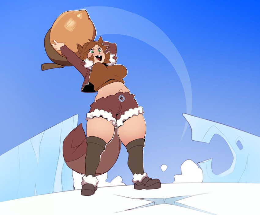 1girl absurdres acorn animal_ears arms_up black_thighhighs blue_sky breasts brown_footwear brown_hair brown_jacket brown_shirt brown_shorts brown_tail combos_&amp;_doodles crop_top cropped_jacket day green_eyes highres holding_acorn jacket large_breasts marvel marvel_rivals midriff navel open_clothes open_jacket open_mouth outdoors shirt shoes short_hair short_shorts shorts sky solo squirrel_ears squirrel_girl squirrel_girl_(marvel) squirrel_tail standing tail thighhighs