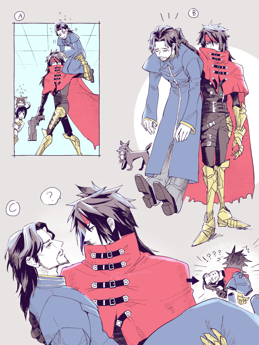 !? 1girl 2boys ? ?? animal animal_on_head armored_boots black_dog black_fur black_hair black_pants black_shirt blue_coat boots cait_sith_(final_fantasy) carrying cat cat_on_head ceiling clawed_gauntlets cloak coat dirge_of_cerberus_final_fantasy_vii dress_shoes facial_hair final_fantasy final_fantasy_vii full_body goatee gun hair_between_eyes headband highres holding holding_gun holding_weapon long_coat long_hair multiple_boys niwawaka on_head pants parted_bangs pointy_footwear princess_carry red_cloak red_eyes red_headband reeve_tuesti shirt short_hair spoken_question_mark tile_ceiling tiles torn_cloak torn_clothes tuxedo_cat two-tone_fur vincent_valentine weapon white_fur yuffie_kisaragi