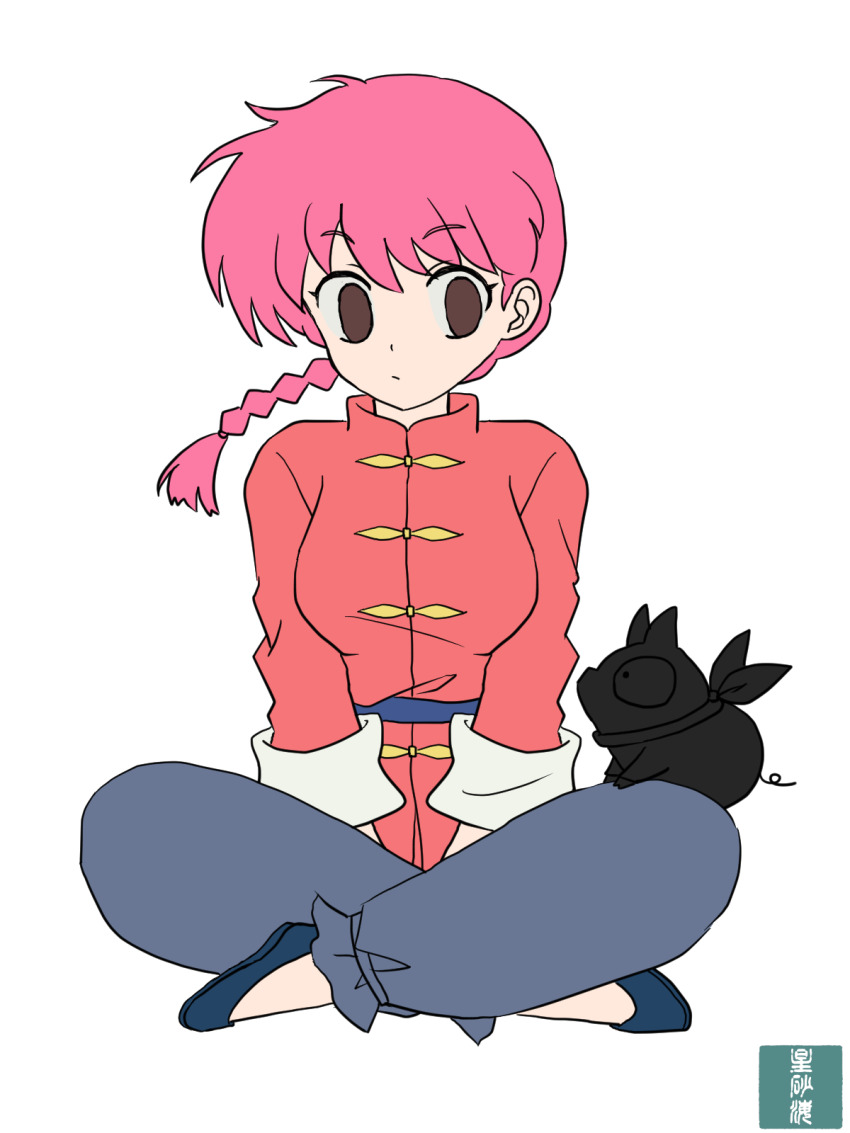 1boy 1girl animal braid brown_eyes chinese_clothes genderswap genderswap_(mtf) genderwap hibiki_ryouga highres indian_style p-chan pig pink_hair ranma-chan ranma_1/2 saotome_ranma single_braid sitting tangzhuang