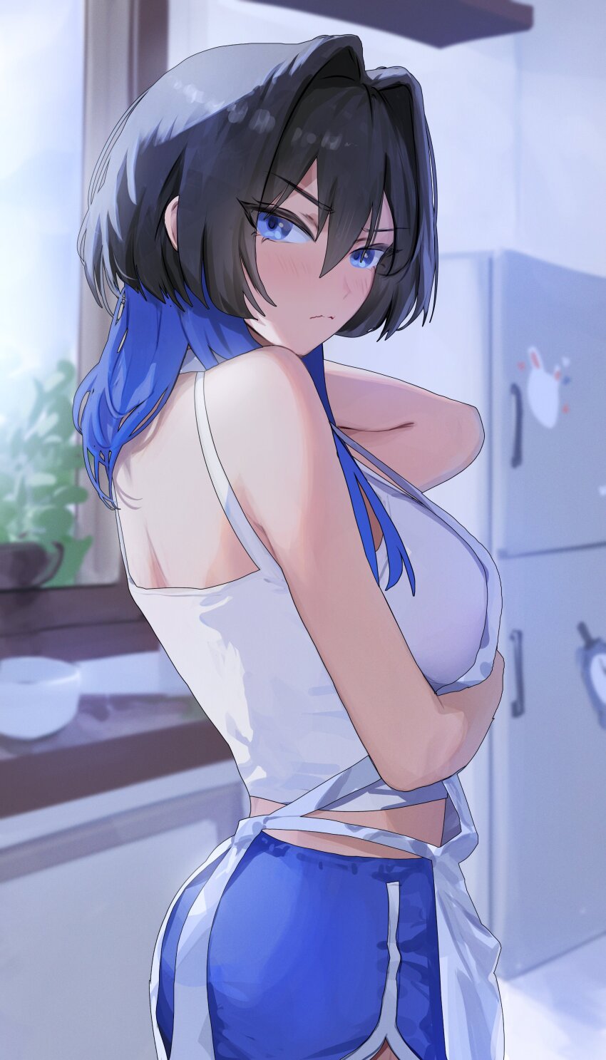 1girl absurdres arm_under_breasts bare_arms bare_shoulders black_hair blue_eyes blue_hair blue_shorts breasts commentary cowboy_shot dolphin_shorts english_commentary eyes_visible_through_hair frown hair_between_eyes hair_intakes highres hololive hololive_english indoors large_breasts long_hair looking_at_viewer multicolored_hair ouro_kronii refrigerator short_shorts shorts solo two-tone_hair virtual_youtuber window yoellim5