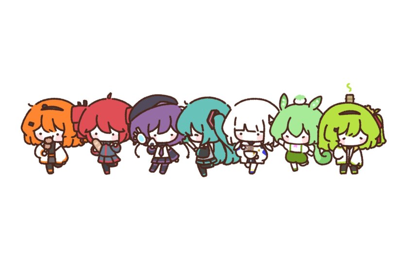 6+girls a.i._voice adachi_rei aqua_hair baguette beret black_hat bowl bread cable cevio chaun_meguri chibi chibi_only chicken_(food) commentary cup drill_hair food food_on_head fried_chicken green_hair green_shorts grey_shirt grey_skirt hair_ornament hair_ribbon hat hatsune_miku headgear highres holding holding_bowl holding_food holding_spring_onion holding_vegetable jacket kafu_(cevio) kasane_teto kyu-kurarin_(cevio) long_hair long_sleeves medium_hair mei_(meiday_mise) multiple_girls necktie object_on_head one_side_up onigiri open_clothes open_jacket orange_hair original pleated_skirt purple_hair red_hair ribbon shirt shorts simple_background skirt spring_onion standing twin_drills twintails utane_uta utau vegetable very_long_hair vocaloid voiceroid voicevox white_background white_hair white_jacket white_ribbon white_shirt yunomi zunda_mochi zundamon