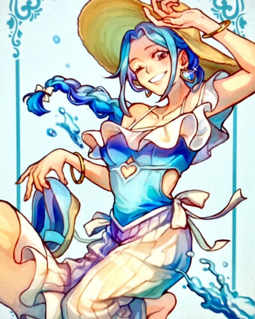 1girl aokamei blue_dress blue_hair bracelet braid braided_ponytail commentary dress earrings english_commentary glint hat heart heart_earrings highres holding holding_shoes jewelry looking_at_viewer nefertari_vivi one_eye_closed one_piece shoes sidelocks smile solo straw_hat water