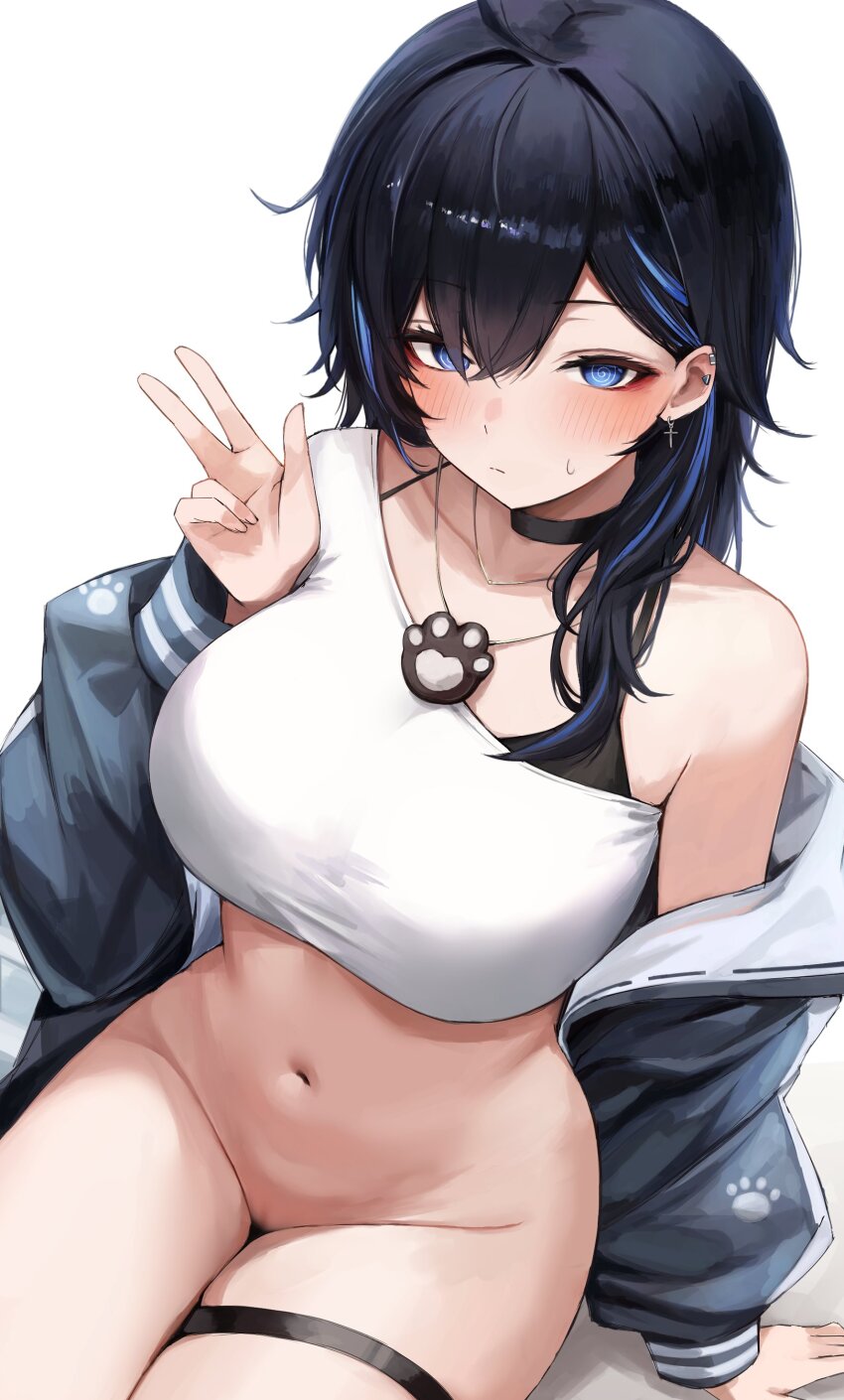 1girl absurdres ayase_yuu black_bra black_hair blue_eyes blue_hair blur_censor blush bottomless bra breasts censored choker commentary commission crop_top cross cross_earrings deyo_(nicijyou) earrings english_commentary highres jewelry large_breasts long_hair multicolored_hair navel necklace phase_connect second-party_source shirt solo streaked_hair thigh_strap underwear v virtual_youtuber