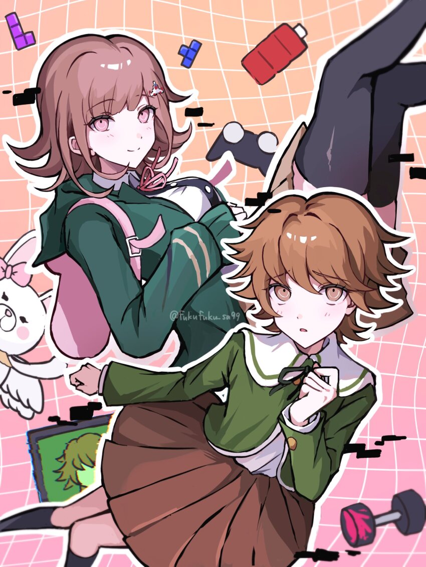 1boy 1girl :o black_ribbon blush breasts brown_background brown_hair brown_skirt danganronpa:_trigger_happy_havoc danganronpa_(series) danganronpa_2:_goodbye_despair dress_shirt flipped_hair fujisaki_chihiro fuku_sa green_jacket highres jacket large_breasts medium_hair miniskirt nanami_chiaki neck_ribbon open_clothes open_jacket pink_background pink_eyes pleated_skirt ribbon shirt skirt smile tetris two-tone_shirt usami_(danganronpa) white_shirt