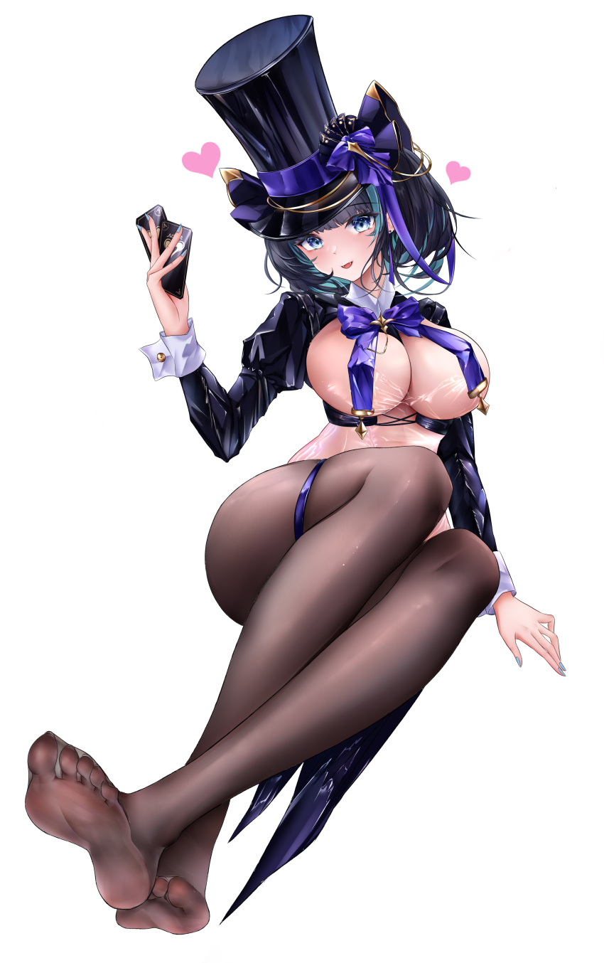 1girl absurdres azur_lane black_hair blue_eyes breasts cheshire_(azur_lane) feet hat highres iue_(artist) long_hair looking_at_viewer multicolored_hair open_mouth pantyhose soles streaked_hair toes top_hat white_background