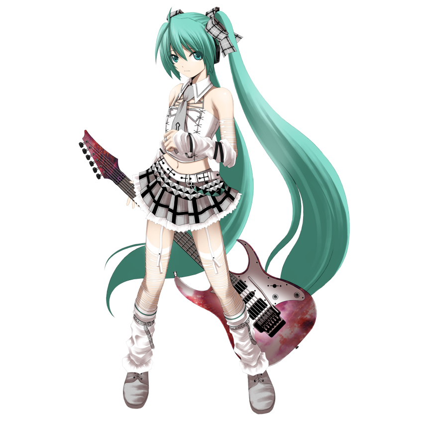 1girl alternate_costume aqua_eyes aqua_hair bad_id bad_pixiv_id bare_shoulders belt collar detached_collar detached_sleeves electric_guitar female_focus garter_straps guitar hair_ribbon hatsune_miku highres instrument jewelry kuromayu leg_warmers long_hair midriff navel necktie ribbon ring simple_background skirt solo thighhighs twintails very_long_hair vocaloid whammy_bar