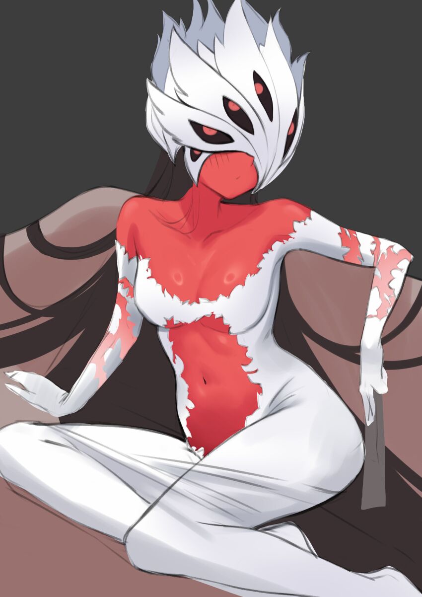 1girl absurdres beatrice_(blue_archive) black_hair black_sclera blue_archive breasts colored_sclera colored_skin doga_(artist) dress extra_eyes gloves grey_background highres holding long_hair looking_at_viewer red_eyes red_skin simple_background sitting solo white_dress