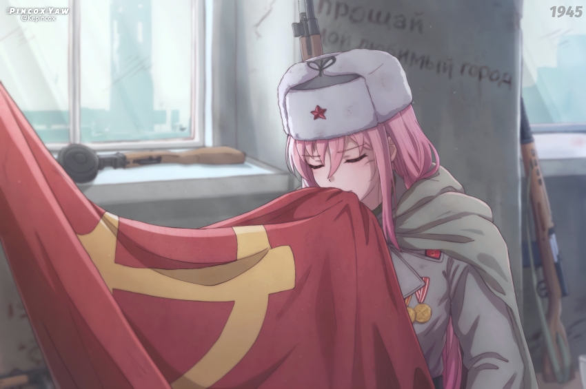 1girl absurdres cloak closed_eyes flag gun hat highres kepincox kiss kissing_flag long_hair medal military_uniform original pink_hair ppsh-41 solo soviet_army soviet_flag submachine_gun svt-38 ushanka weapon window world_war_ii