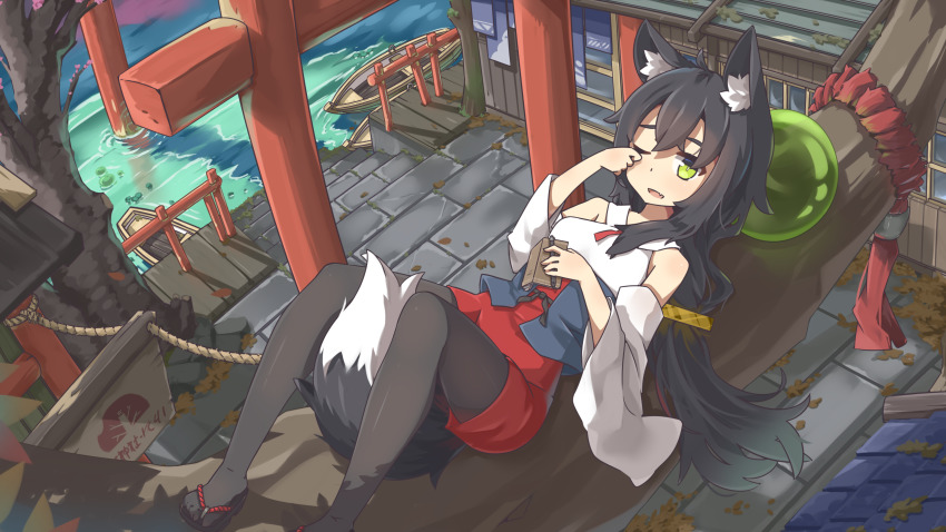 1girl absurdres ahoge animal_ear_fluff animal_ears between_legs black_hair black_pantyhose boat branch day detached_sleeves fang fox_ears fox_girl fox_tail green_eyes hair_between_eyes highres hinbackc long_hair looking_at_viewer lying on_back one_eye_closed open_mouth original outdoors pantyhose red_footwear scenery shirt sidelocks skin_fang sleepy slime_(creature) solo tail tail_between_legs torii water watercraft white_shirt wide_sleeves