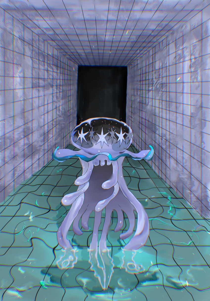 commentary creatures_(company) english_commentary facing_viewer game_freak gen_7_pokemon highres jellyfish liminal_space mariin_(mrn_8_8) nihilego nintendo no_humans pokemon pokemon_(creature) shadow solo tentacles tile_floor tile_wall tiles ultra_beast water