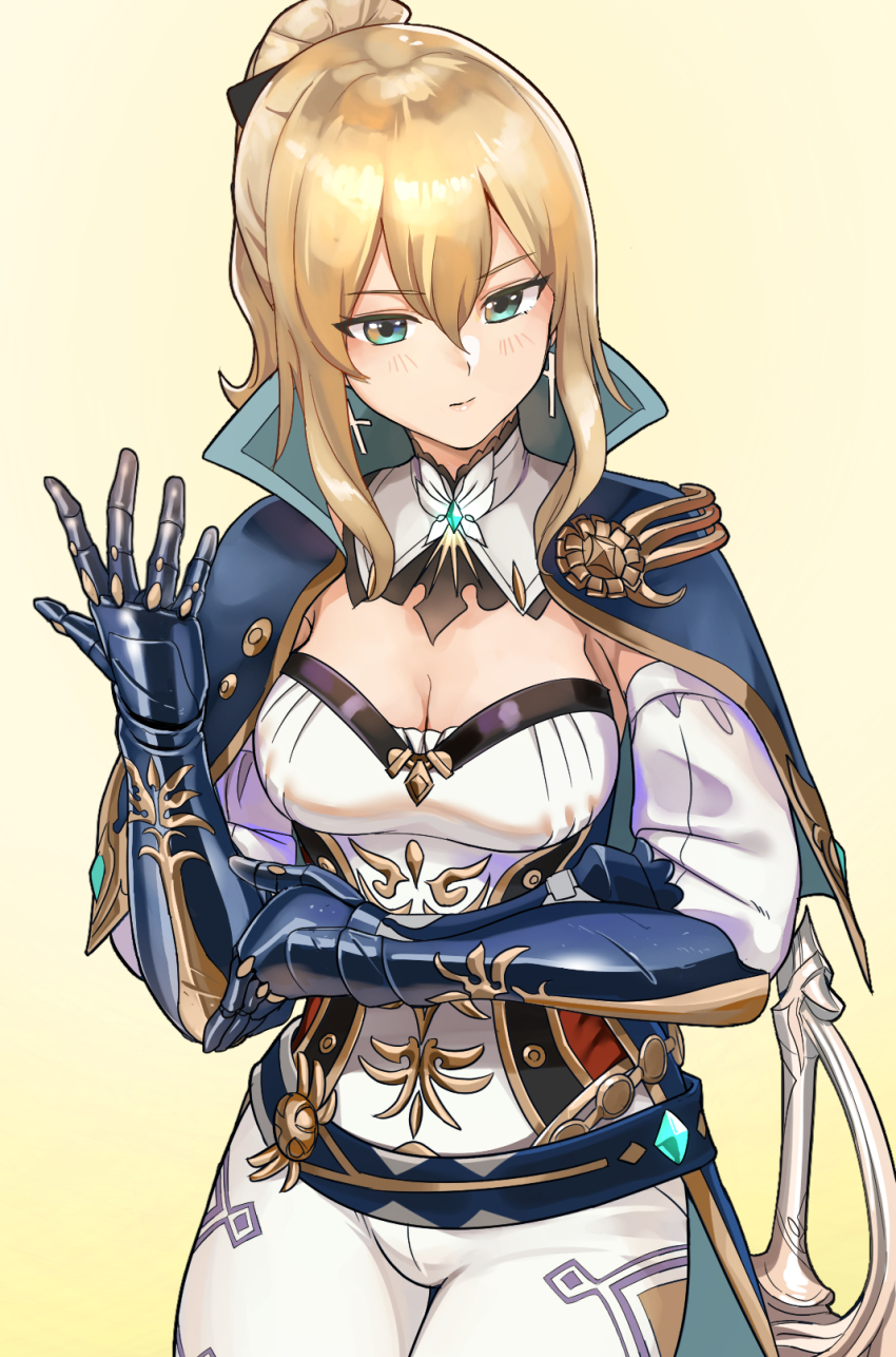 1girl adjusting_armor adjusting_clothes blue_capelet breasts capelet cleavage commentary_request crossed_arms detached_sleeves gauntlets genshin_impact hair_between_eyes highres jean_(genshin_impact) medium_breasts pants ponytail sheath sheathed sidelocks solo sword upper_body weapon white_pants yewang19