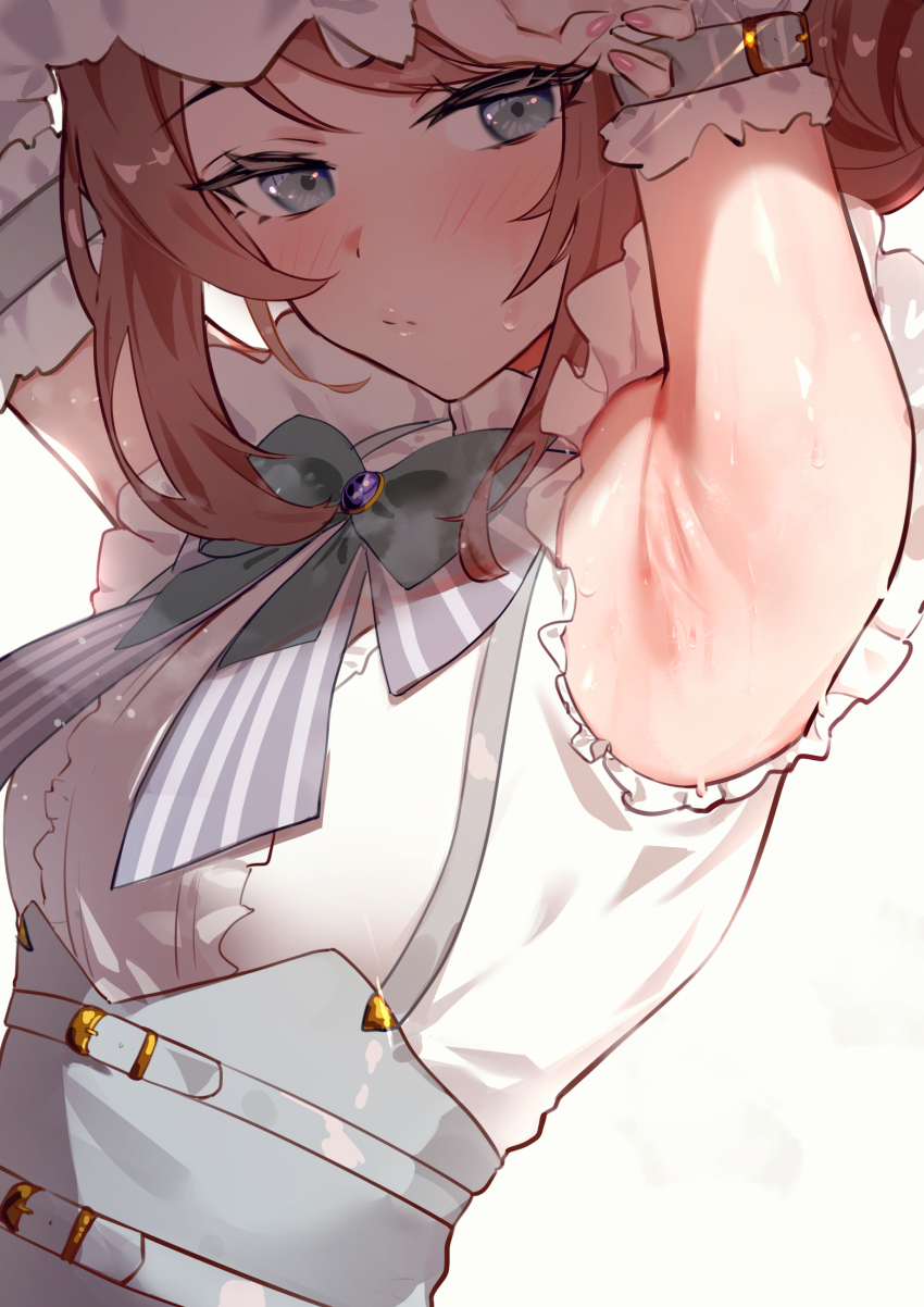 1girl absurdres armpits arms_up blush brown_hair center_frills commentary_request detached_sleeves fingernails frills grey_eyes haikeiyu highres looking_at_viewer murafuji_sana nail_polish pole_princess!! presenting_armpit shirt simple_background sleeveless sleeveless_shirt solo sweat upper_body white_background white_shirt