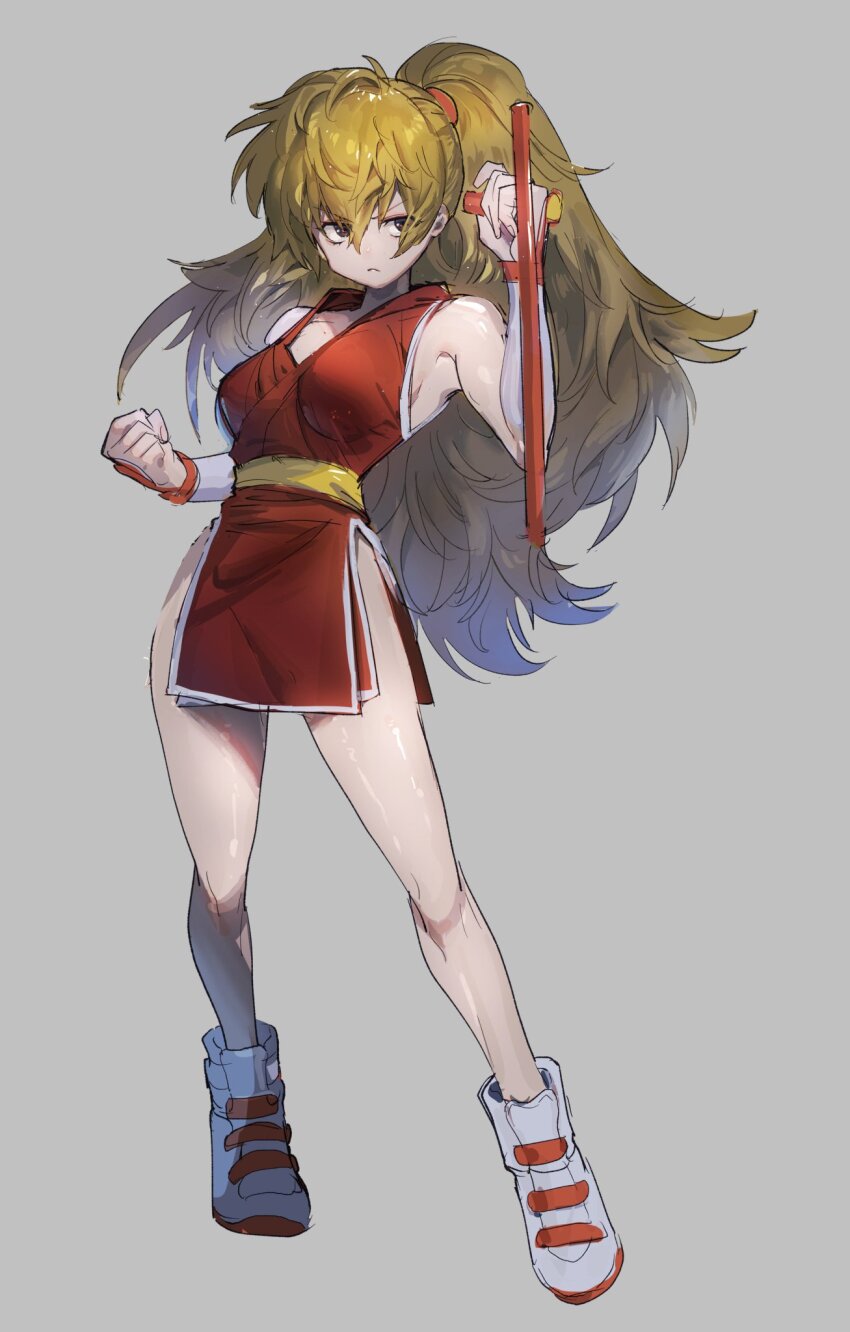 1girl armpits bare_shoulders blonde_hair breasts final_fight final_fight_2 genryuusai_maki grey_background highres large_breasts long_hair ninja pelvic_curtain ponytail shoes sleeveless street_fighter tanakalma very_long_hair