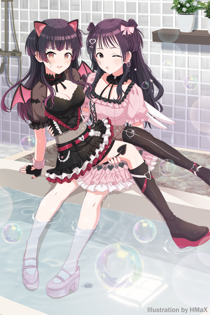 2girls absurdres animal_ears artist_name asymmetrical_legwear bath black_eyes black_footwear black_gloves black_hair black_skirt blush boots breasts brown_eyes cat_ears character_request cleavage commentary_request covered_navel demon_tail demon_wings detached_collar dress fake_animal_ears fingerless_gloves flower_pot frilled_dress frilled_skirt frills gloves hair_ornament heart heart_hair_ornament highres hmax idolmaster idolmaster_shiny_colors indoors knee_boots large_breasts long_hair looking_at_viewer mayuzumi_fuyuko mini_wings miniskirt multiple_girls one_eye_closed open_mouth pantyhose pink_dress pink_footwear pleated_skirt purple_nails see-through_clothes shoes short_sleeves single_knee_boot single_thigh_boot sitting sitting_on_person skirt soaking_feet soap_bubbles tail thigh_boots uneven_legwear water wet wet_clothes white_pantyhose wings