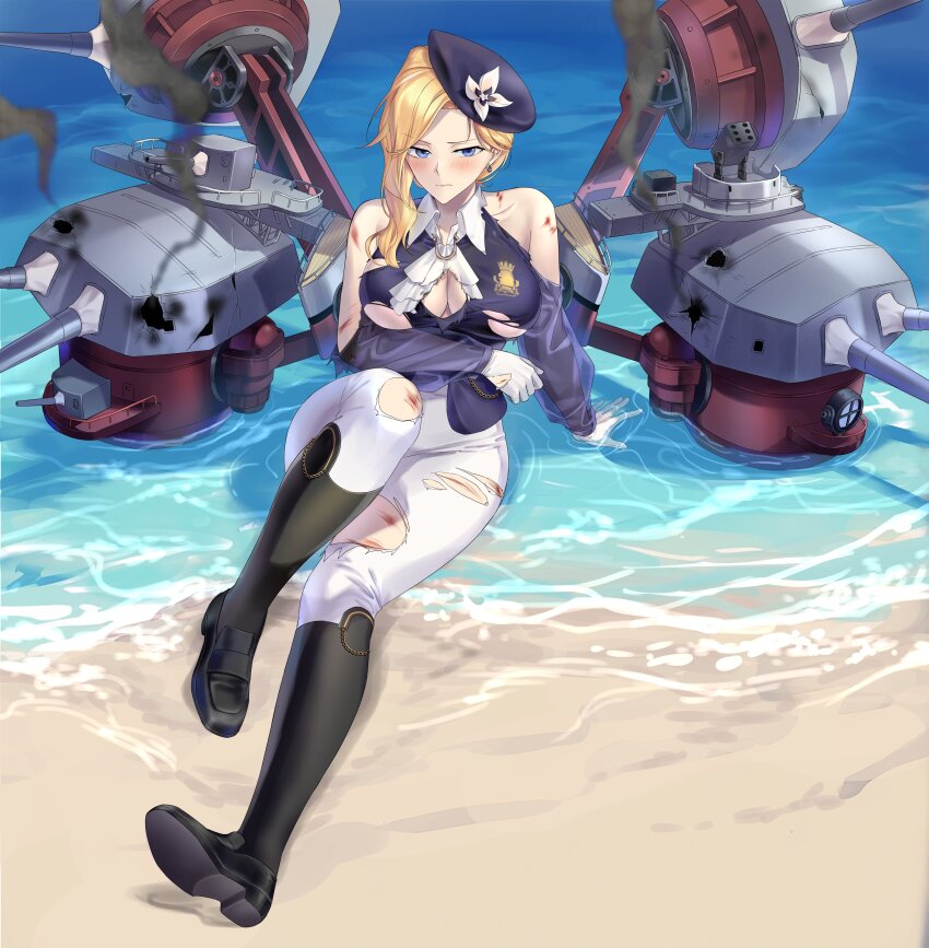 1girl absurdres arm_under_breasts ascot azur_lane black_footwear blonde_hair blue_eyes blue_hat blue_jacket blush boots breasts commission damaged earrings embarrassed flower frilled_ascot frills full_body gloves hair_ribbon hat hat_flower highres hood_(azur_lane) hood_(gentlewoman_and_stallion)_(azur_lane) injury jacket jewelry knee_boots large_breasts long_hair long_sleeves looking_at_viewer official_alternate_costume pants pants_tucked_in ribbon riding_boots riding_outfit rigging royal_navy_emblem_(azur_lane) shoe_soles sitting smoke suprii tilted_headwear torn_clothes torn_gloves torn_jacket torn_pants vgen_commission white_gloves white_pants