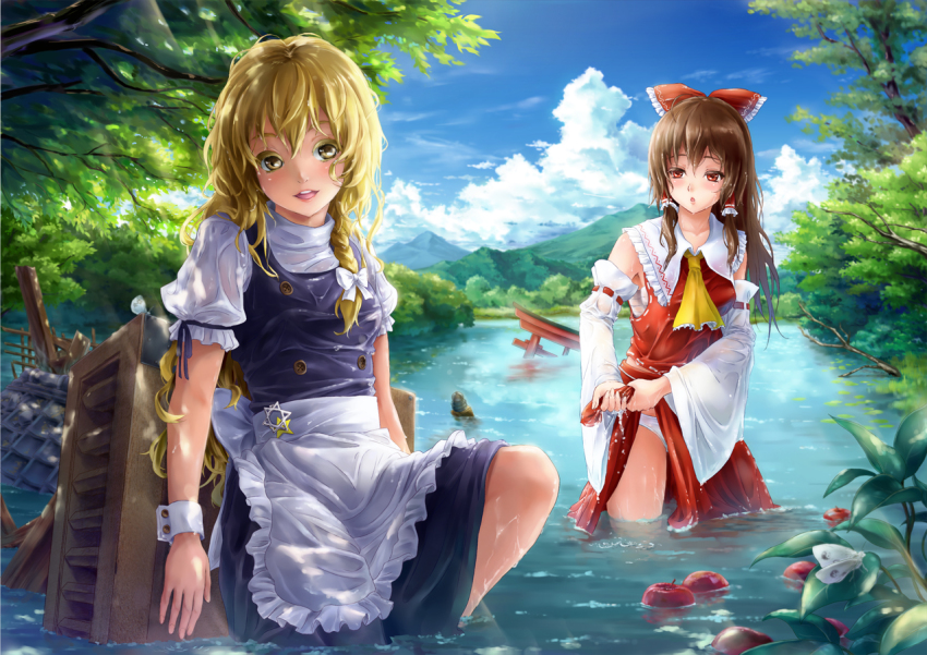 2girls ascot blonde_hair bow box braid brown_hair clothes_lift colored_eyelashes detached_sleeves donation_box female_focus flood hair_bow hair_tubes hakurei_reimu hexagram kirisame_marisa long_hair multiple_girls panties red_eyes sarashi shiki_takuto skirt skirt_lift star_(symbol) torii touhou underwear water wet wet_clothes white_panties wringing_clothes wrist_cuffs yellow_eyes