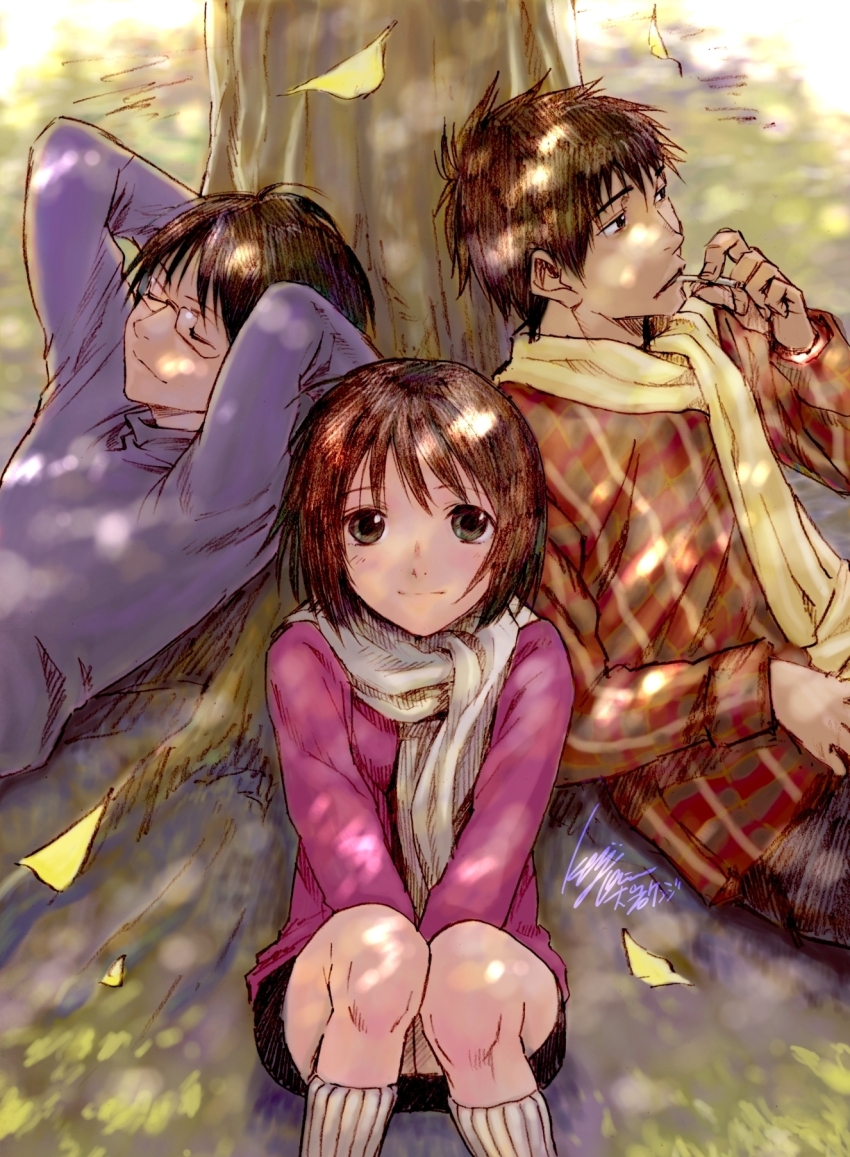 1girl 2boys against_tree arms_behind_head autumn autumn_leaves black_hair black_shorts bob_cut border brown_eyes brown_hair cigarette closed_mouth dappled_sunlight falling_leaves feet_out_of_frame from_above ginkgo_leaf glasses green_shirt hand_up hands_on_lap highres holding holding_cigarette kneehighs knees_together_feet_apart knees_up leaf leaning_back light_blush light_smile long_sleeves looking_afar looking_ahead looking_at_viewer looking_up lounging lying mouth_hold multicolored_shirt multiple_boys nakahara_misaki nhk_ni_youkoso! official_art on_back on_ground ooiwa_kenji outdoors pink_sweater plaid_clothes plaid_shirt purple_border purple_sweater rectangular_eyewear red_shirt resting ribbed_socks satou_tatsuhiro scarf shade shadow shirt short_hair short_shorts shorts signature sitting smoking socks sunlight sweater tree v_arms white_scarf white_socks yamazaki_kaoru yellow_scarf yellow_shirt