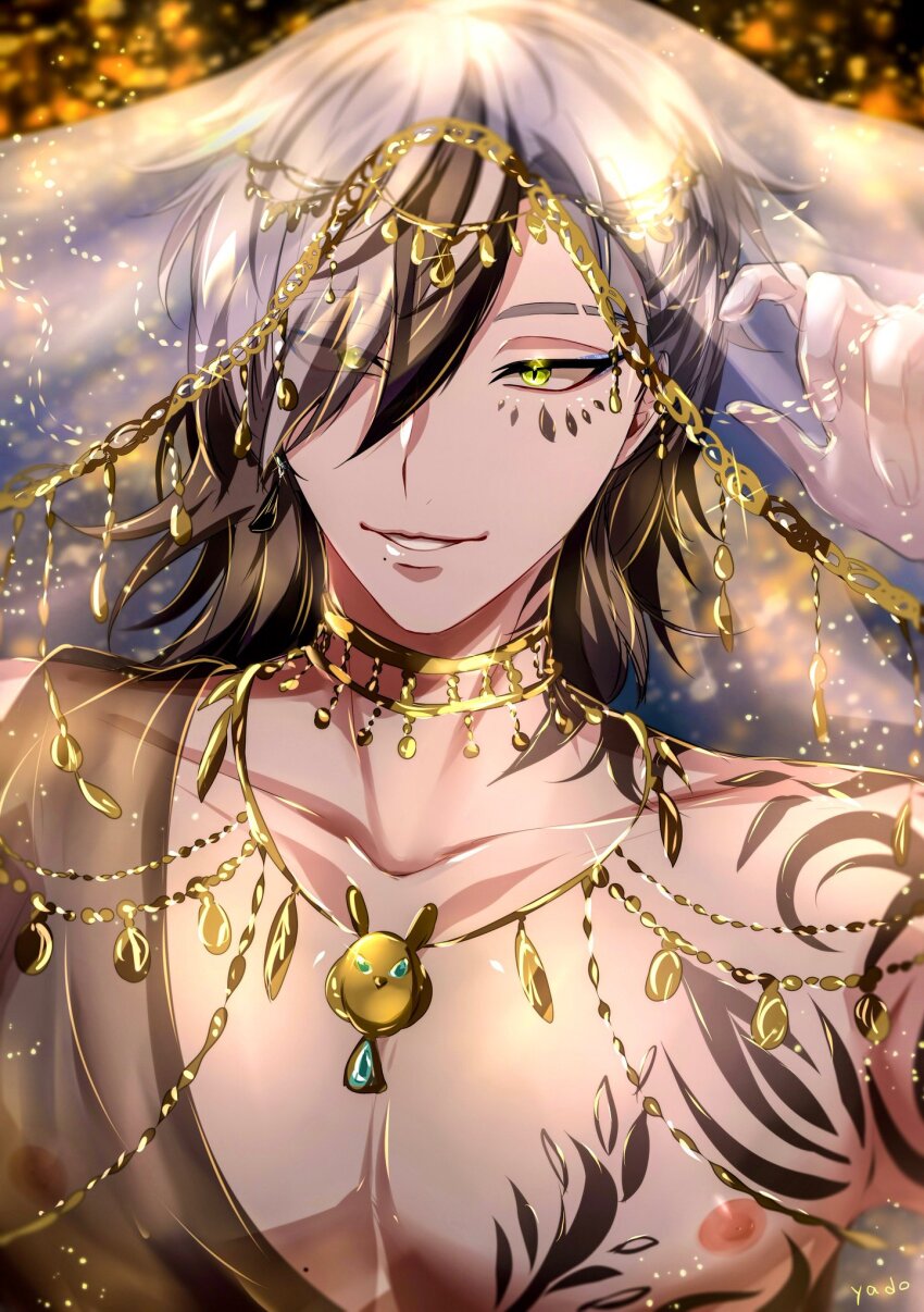 1boy bird chain chest_tattoo choker eye_tattoo eyes_visible_through_hair glowing glowing_eyes gold gold_chain gold_choker gold_necklace gold_trim green_eyes grey_hair hair_over_one_eye harem_outfit highres jewelry looking_at_viewer male_focus mole mole_under_mouth multicolored_hair necklace nipples nu_carnival owl parted_lips rei_(nu_carnival) see-through short_hair shoulder_tattoo silk smile tattoo teeth veil yadome810