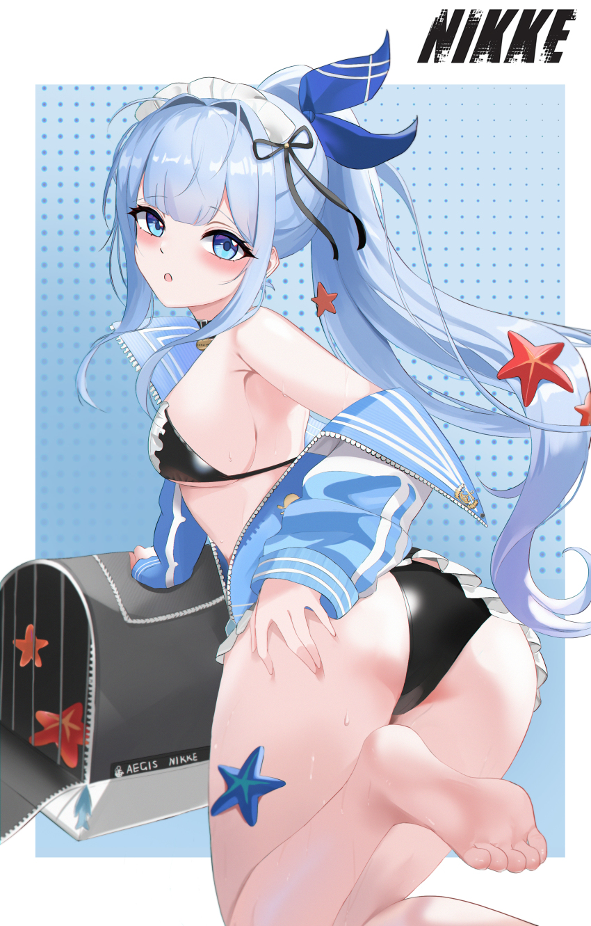 1girl alternate_costume anchor_(innocent_maid)_(nikke) anchor_(nikke) ass bare_shoulders barefoot bikini blue_eyes blue_hair blush breasts cameltoe deep_skin from_behind goddess_of_victory:_nikke grabbing_own_ass hair_ornament hair_ribbon jacket kneeling labbri long_hair looking_at_viewer looking_back maid maid_bikini medium_breasts off-shoulder_jacket off_shoulder official_alternate_costume open_mouth ponytail ribbon sideboob solo starfish starfish_hair_ornament swimsuit unconventional_maid very_long_hair