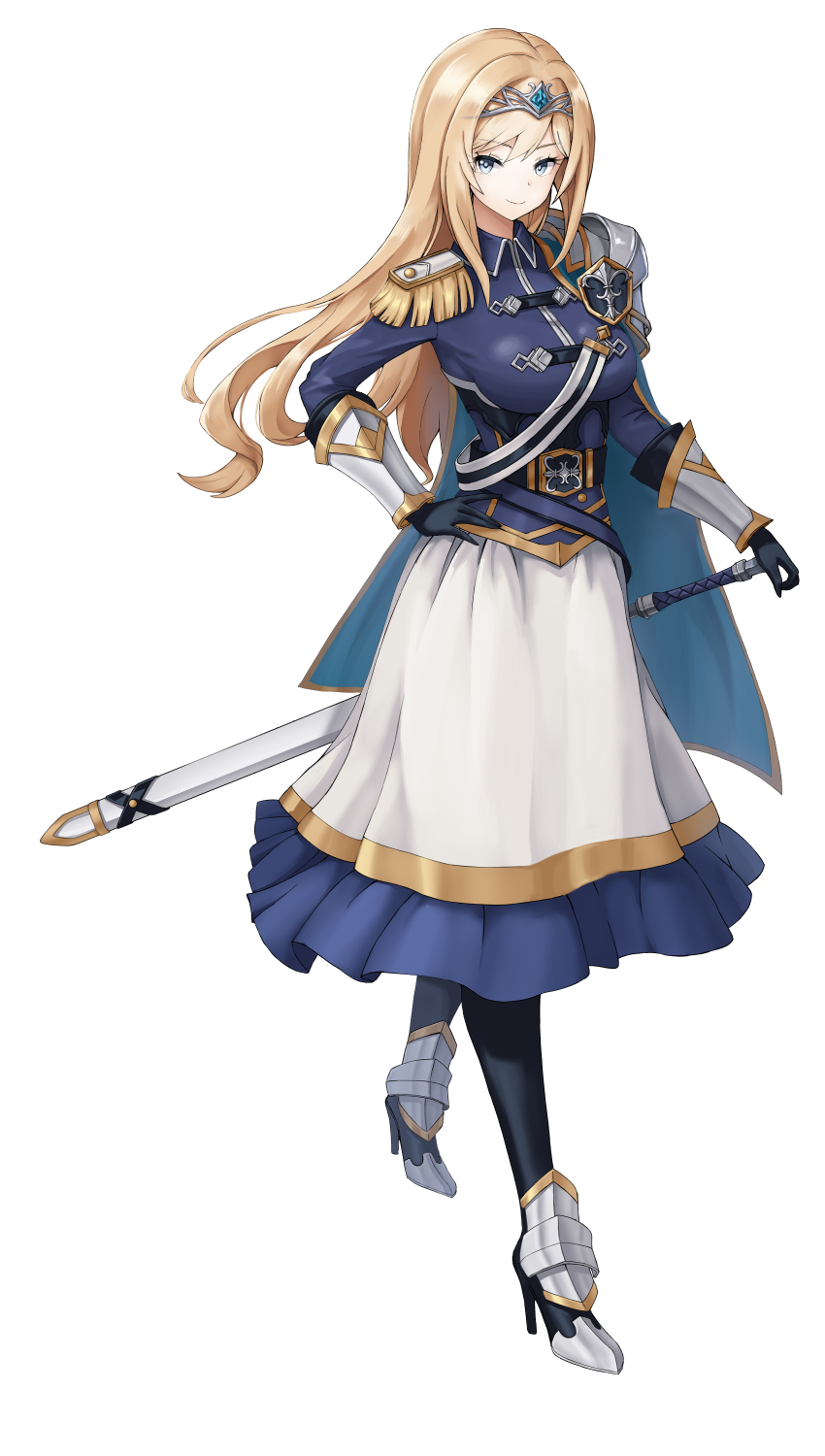 1girl absurdres arm_armor armor black_gloves blonde_hair blue_cape blue_eyes blue_shirt blue_sky breasts cape circlet closed_mouth collared_shirt commentary_request epaulettes full_body gloves hand_on_hilt hand_on_own_hip high_heels highres juse_(etoonecrocurse) large_breasts layered_skirt leg_armor long_hair looking_at_viewer military_uniform original sheath sheathed shirt shoulder_armor simple_background skirt sky smile sword two-tone_skirt weapon white_background white_skirt