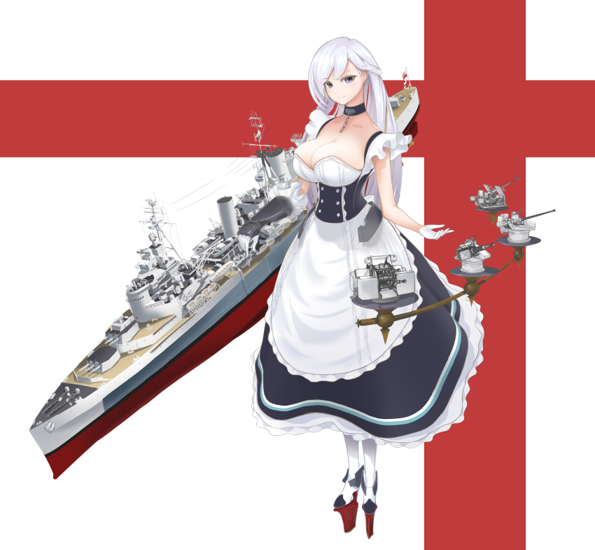 1girl anti-aircraft anti-aircraft_gun apron asymmetrical_gloves azur_lane belfast_(azur_lane) blue_dress breasts cleavage commentary_request dress frilled_dress frills gloves half_gloves highres large_breasts long_hair rudder_footwear ryosuke1225 shirt solo standing two-tone_background white_apron white_gloves white_shirt