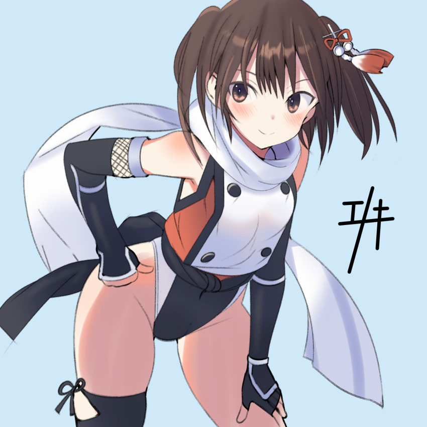 1girl black_gloves black_hair black_neckerchief black_one-piece_swimsuit blue_background blush breasts brown_eyes brown_hair buttons commentary cowboy_shot double-breasted elbow_gloves enoki_p fingerless_gloves gloves gradient_background hair_ornament highres kantai_collection looking_at_viewer neckerchief ninja one-piece_swimsuit revision scarf school_uniform sendai_(kancolle) sendai_kai_ni_(kancolle) serafuku short_hair single_thighhigh smile solo swimsuit swimsuit_under_clothes thighhighs two_side_up white_scarf