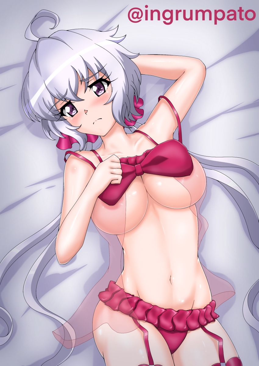 1girl absurdres ahoge blush breasts closed_mouth collarbone garter_straps hair_ornament hair_scrunchie highres kyomeihibiki large_breasts lingerie long_hair looking_at_viewer lying navel negligee on_back panties purple_eyes red_negligee red_panties scrunchie senki_zesshou_symphogear signature solo twintails underboob underwear white_hair yukine_chris