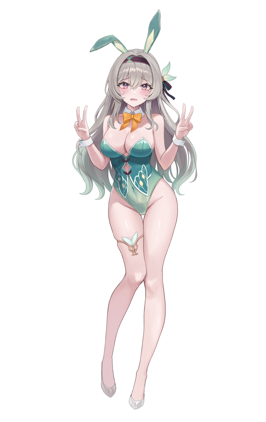 1girl absurdres alternate_costume animal_ears black_hairband blush bow bowtie breasts commentary covered_navel detached_collar double_v fake_animal_ears firefly_(honkai:_star_rail) green_leotard grey_hair hair_between_eyes hair_intakes hairband hands_up high_heels highleg highleg_leotard highres honkai:_star_rail honkai_(series) large_breasts leotard long_hair looking_at_viewer playboy_bunny purple_eyes rabbit_ears rianya07 solo standing strapless strapless_leotard tearing_up thigh_gap thigh_strap v wavy_mouth white_footwear wrist_cuffs yellow_bow yellow_bowtie