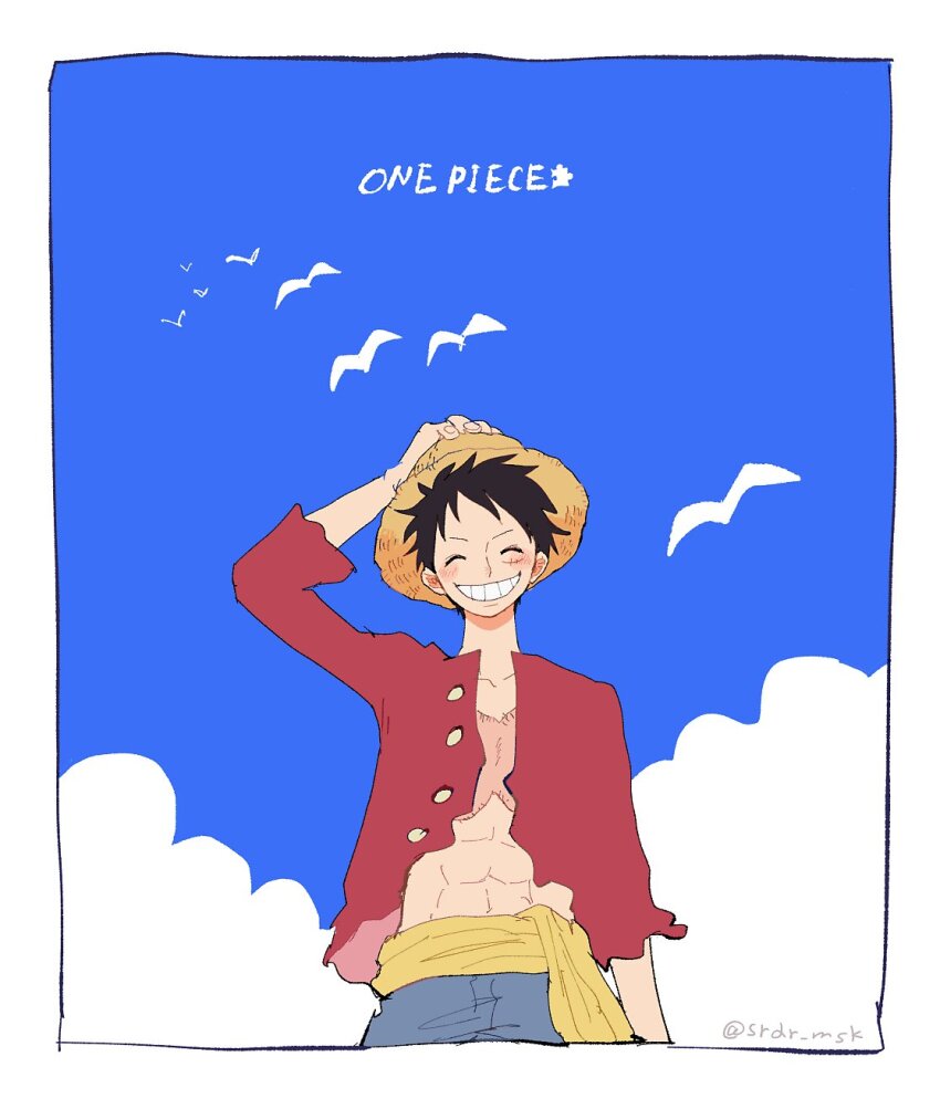 1boy ^_^ bird black_hair blue_sky blush closed_eyes cloud copyright_name hand_on_headwear hat highres male_focus monkey_d._luffy one_piece open_clothes open_shirt red_shirt sash scar scar_on_chest scar_on_face shirt short_hair silver_mssk sky solo straw_hat twitter_username upper_body yellow_sash