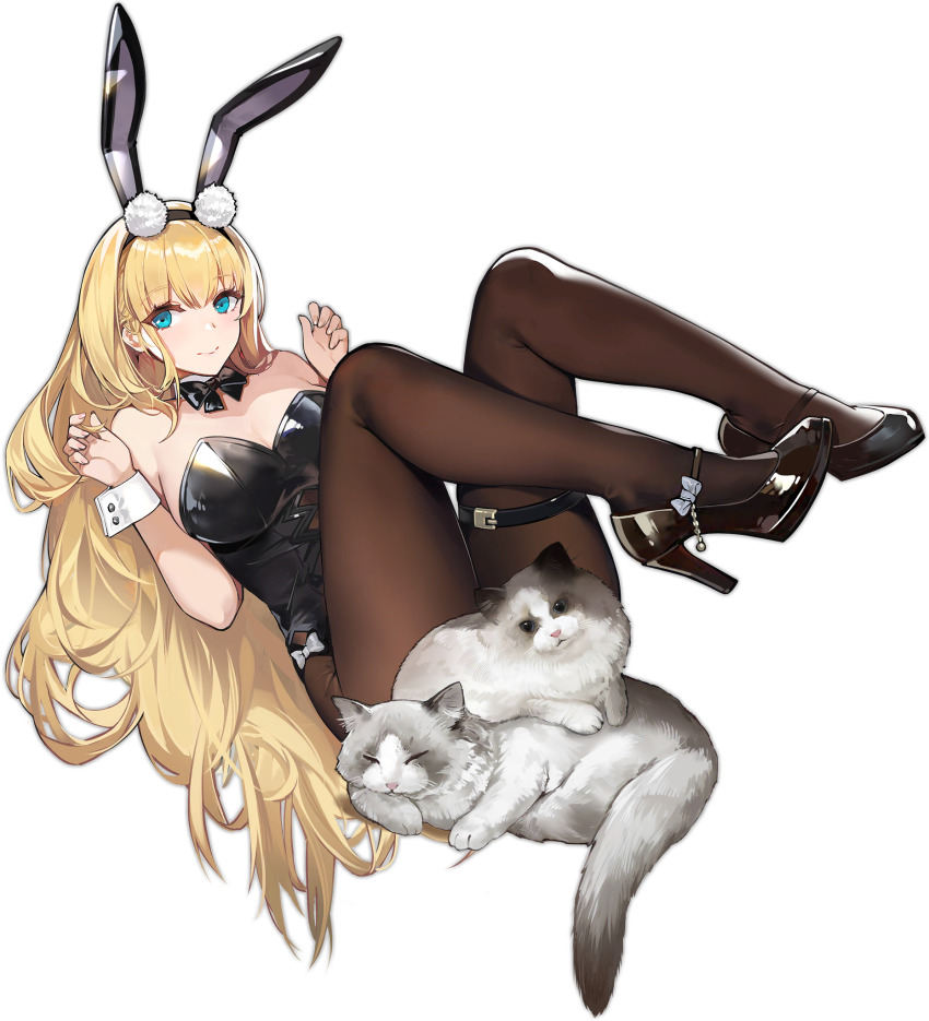 1girl animal animal_ears azur_lane bare_shoulders black_footwear black_leotard black_pantyhose blonde_hair blue_eyes blush bottle breasts cat cleavage fake_animal_ears full_body high_heels highres kishiyo large_breasts legs_up leotard long_hair looking_at_viewer lying manjuu_(azur_lane) north_carolina_(azur_lane) north_carolina_(the_heart&#039;s_desire)_(azur_lane) official_alternate_costume official_art on_back pantyhose playboy_bunny rabbit_ears thigh_strap transparent_background wrist_cuffs