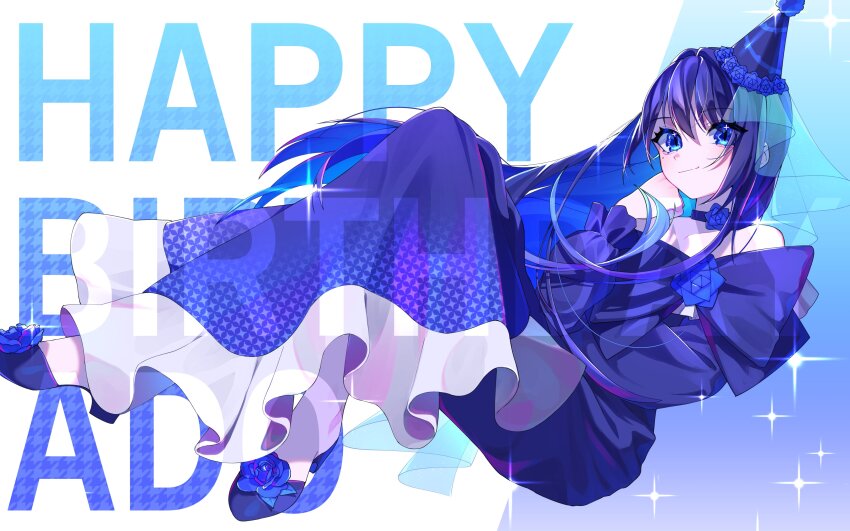 1girl absurdres ado_(utaite) bare_shoulders black_choker blue_dress blue_eyes blue_flower blue_footwear blue_hair blue_rose chando_(ado) choker closed_mouth colored_inner_hair commentary dress flower full_body hair_between_eyes happy_birthday hat highres long_sleeves mole mole_under_eye multicolored_hair niwatonira off-shoulder_dress off_shoulder party_hat rose solo sparkle symbol-only_commentary utaite