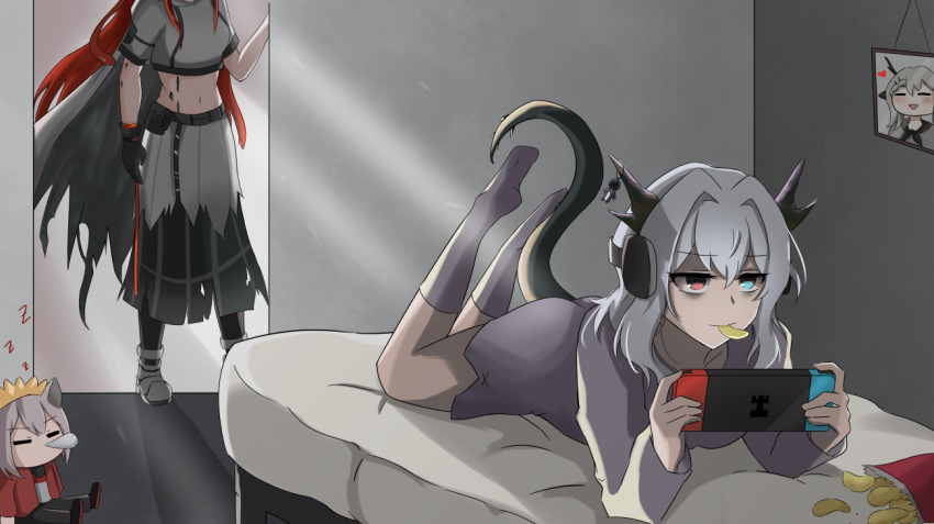 2girls alina_(arknights) arknights bags_under_eyes bed chips_(food) dragon_girl dragon_horns food hair_intakes horns lying material_growth multiple_girls nine_(arknights) on_stomach oripathy_lesion_(arknights) playing_games potato_chips projekt_red_(arknights) selverna silver_hair skirt sleeping socks tail talulah_(arknights) torn_clothes torn_coat torn_skirt