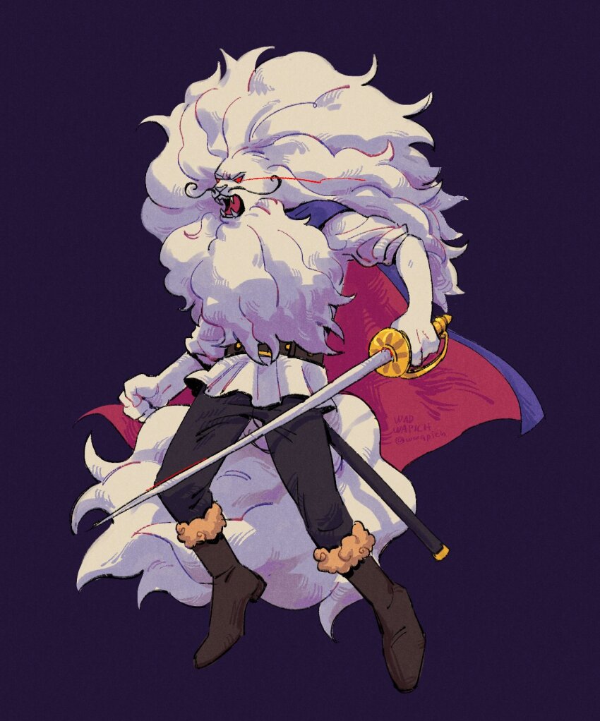 alternate_form belt big_hair blue_cape body_fur boots brown_belt cape clenched_hand eye_trail facial_hair fangs full_body fur-trimmed_boots fur_trim furry furry_male highres holding holding_sword holding_weapon light_trail lion_boy long_mustache mane musketeer mustache one_piece open_mouth rapier red_cape red_eyes scabbard sheath shirt shishilian_(one_piece) solid_eyes sulong_form sword tail two-sided_cape two-sided_fabric v-shaped_eyebrows v-shaped_eyes weapon white_fur white_shirt wwapich