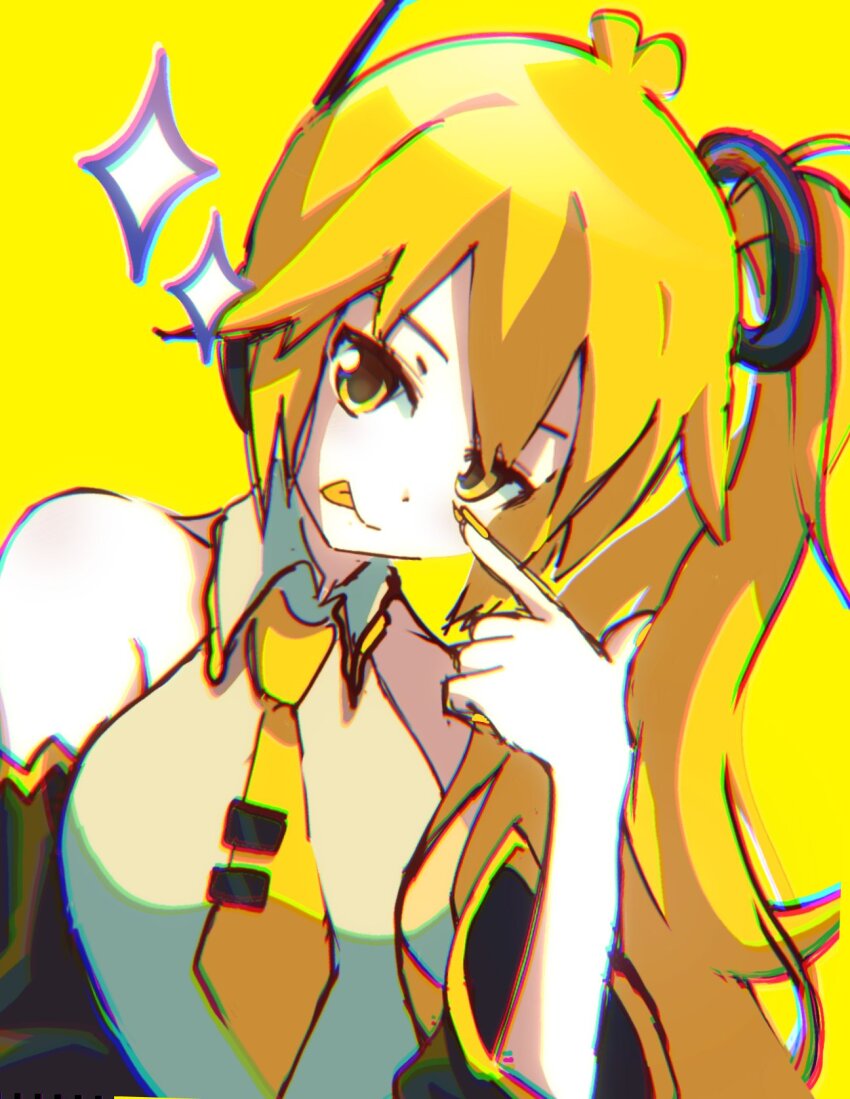 1girl akita_neru bare_shoulders black_sleeves blonde_hair chromatic_aberration closed_mouth collared_shirt colored_tongue detached_sleeves fingernails hand_up headphones highres long_hair nail_polish necktie qnqn_1020 shirt side_ponytail simple_background smile solo tongue tongue_out vocaloid yellow_background yellow_eyes yellow_nails yellow_necktie yellow_tongue