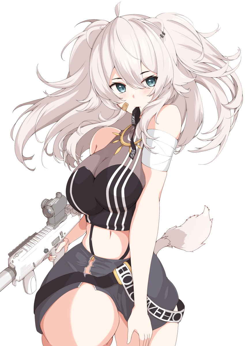 1girl absurdres ahoge animal_ear_piercing animal_ears bandaged_arm bandages bare_shoulders black_shirt blush breasts cleavage commentary_request cowboy_shot crop_top curvy double-parted_bangs fangs grey_eyes grey_hair grey_skirt gun hair_between_eyes highres holding holding_gun holding_weapon holofive hololive jewelry large_breasts lion_ears lion_girl lion_tail long_hair long_sidelocks looking_at_viewer mawaru_chikuwa messy_hair miniskirt mouth_hold narrow_waist necklace no_jacket no_legwear panty_straps see-through_cleavage see-through_clothes shirt shishiro_botan shishiro_botan_(1st_costume) side_slit sidelocks sideways_glance simple_background skin_tight skirt sleeveless sleeveless_shirt tail thick_thighs thighs transparent_background two_side_up virtual_youtuber weapon weapon_request wide_hips zipper_skirt