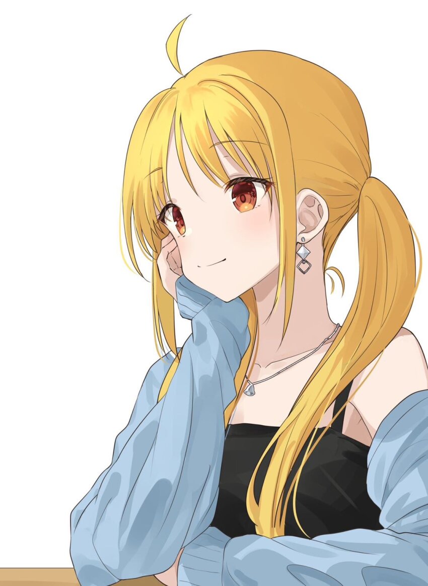 1girl ahoge alternate_costume black_camisole blonde_hair blue_cardigan blush bocchi_the_rock! camisole cardigan collarbone earrings from_side hand_on_own_chin highres ijichi_nijika jewelry kanaria_hisagi long_hair looking_ahead necklace off_shoulder open_cardigan open_clothes parted_bangs red_eyes side_ponytail sidelocks simple_background smile solo upper_body white_background