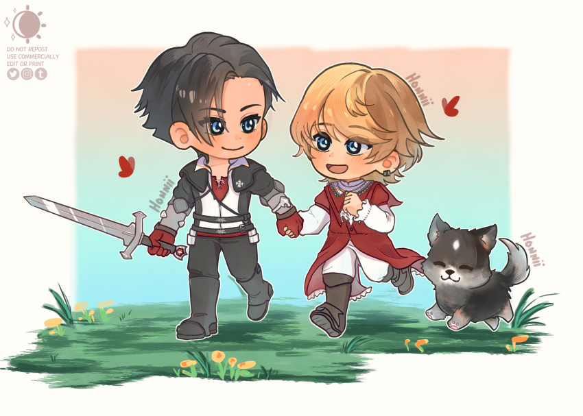 2boys aged_down black_hair blonde_hair blue_eyes boots brothers chibi child clive_rosfield dog final_fantasy final_fantasy_xvi gloves grass highres holding holding_hands holding_sword holding_weapon honnii joshua_rosfield male_focus multiple_boys puppy red_gloves siblings smile sword torgal_(ff16) weapon wolf