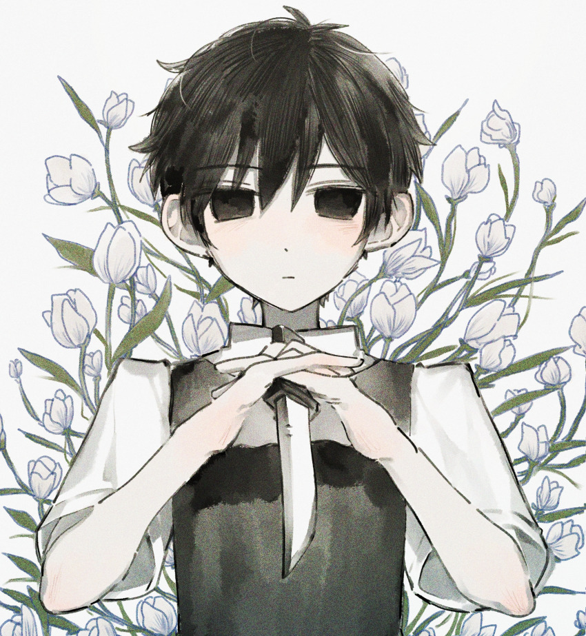 1boy absurdres antenna_hair black_eyes black_hair black_sweater_vest closed_mouth collared_shirt cosplay expressionless flower highres holding holding_knife knife looking_at_viewer male_focus omori omori_(omori) shirt short_sleeves solo straight-on sunny_(omori) sunny_(omori)_(cosplay) sweater_vest taecho831 tulip upper_body white_flower white_shirt white_tulip