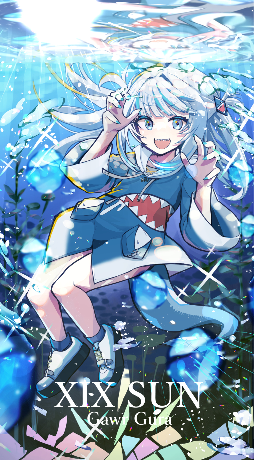 1girl animal_costume animal_hood blue_eyes blue_hair blue_hoodie blunt_bangs card_(medium) fins fish_tail gawr_gura gawr_gura_(1st_costume) hair_ornament haruhina_purple highres hololive hololive_english holomyth hood hoodie long_sleeves medium_hair multicolored_hair shark_costume shark_girl shark_hair_ornament shark_hood shark_tail sharp_teeth shoes silver_hair sleeves_past_wrists sneakers solo streaked_hair tail tarot tarot_(medium) teeth the_sun_(tarot) two_side_up virtual_youtuber white_footwear wide_sleeves