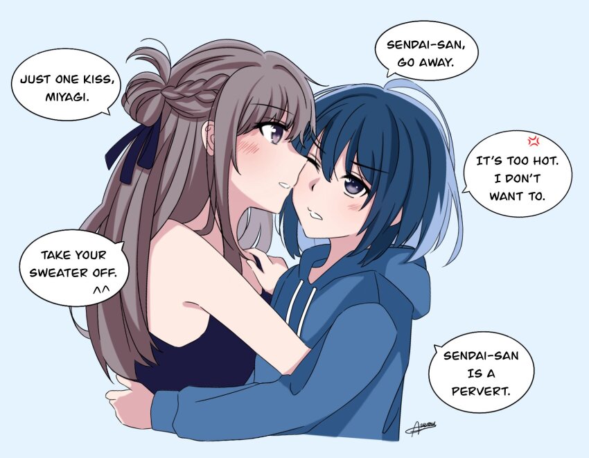 2girls anger_vein asumy black_tank_top blue_background blue_eyes blue_hair blue_hoodie blush brown_hair commentary drawstring english_commentary english_text half_up_braid highres hood hoodie hug long_hair long_sleeves miyagi_shiori multiple_girls one_eye_closed parted_lips purple_eyes sendai_hazuki short_hair shuuniichido_classmate_wo_kau_hanashi simple_background smile speech_bubble tank_top yuri