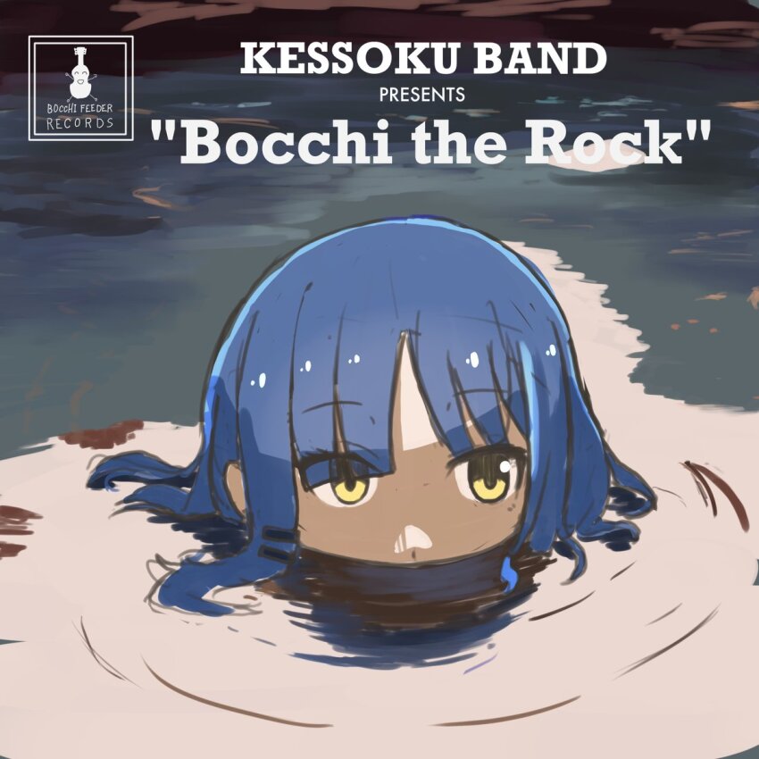 1girl album album_art album_cover album_cover_redraw blue_hair bocchi_the_rock! cover derivative_work drunk_(thundercat) highres kessoku_band kessoku_band_logo mouth_under_water parody partially_submerged reflection reflective_water ripples short_hair solo sweat thundercat_(musician) upper_body water yamada_ryo yellow_eyes