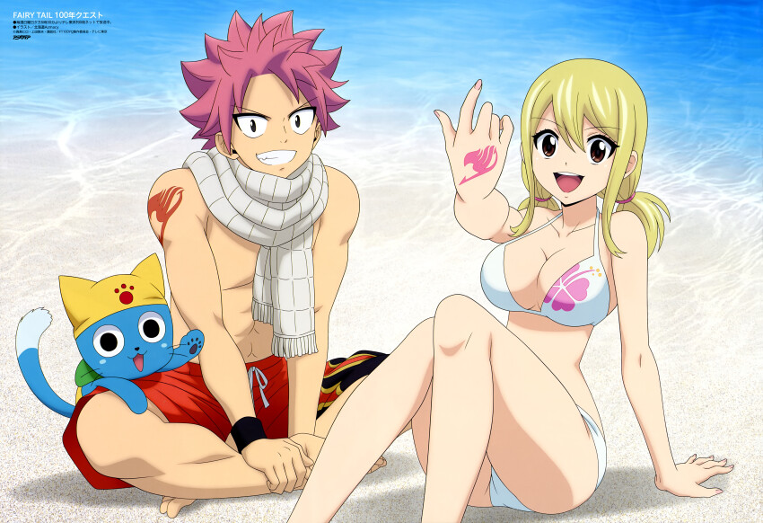 1boy 1girl :d abs absurdres animedia arm_tattoo bikini blonde_hair blue_cat breasts cleavage collarbone fairy_tail floral_print hand_tattoo happy_(fairy_tail) highres large_breasts looking_at_viewer lucy_heartfilia natsu_dragneel official_art open_mouth pink_hair scarf short_hair smile spiked_hair swimsuit tattoo twintails