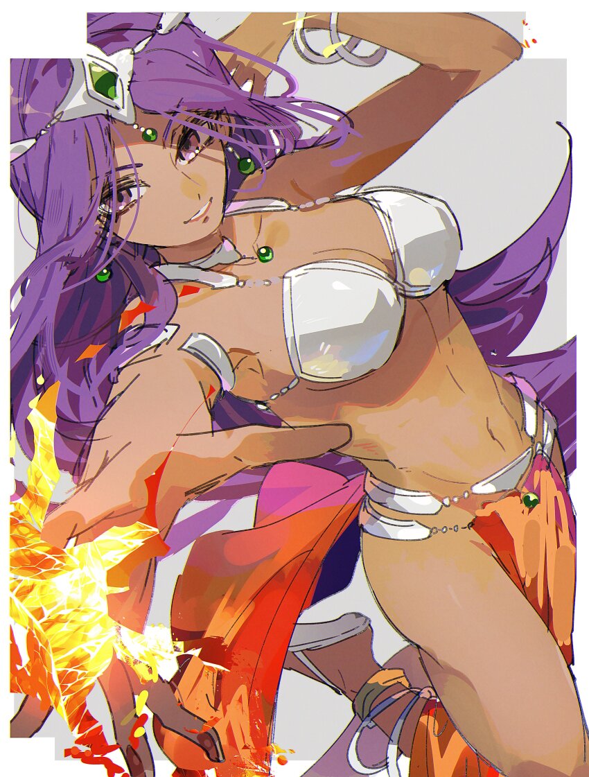 1girl absurdres armlet bikini bracelet breasts circlet cleavage dark-skinned_female dark_skin dragon_quest dragon_quest_iv earrings fingernails fire forehead_jewel gem green_gemstone gun hand_in_own_hair hand_up highres jewelry large_breasts leg_up loincloth long_hair looking_at_viewer magic manya_(dq4) metal_bikini metal_bra mogana_zo multiple_bracelets nail_polish navel neck_ring outstretched_hand parted_lips pelvic_curtain purple_eyes purple_hair pyrokinesis reaching reaching_towards_viewer red_nails silver_bikini smile solo sphere_earrings swimsuit weapon