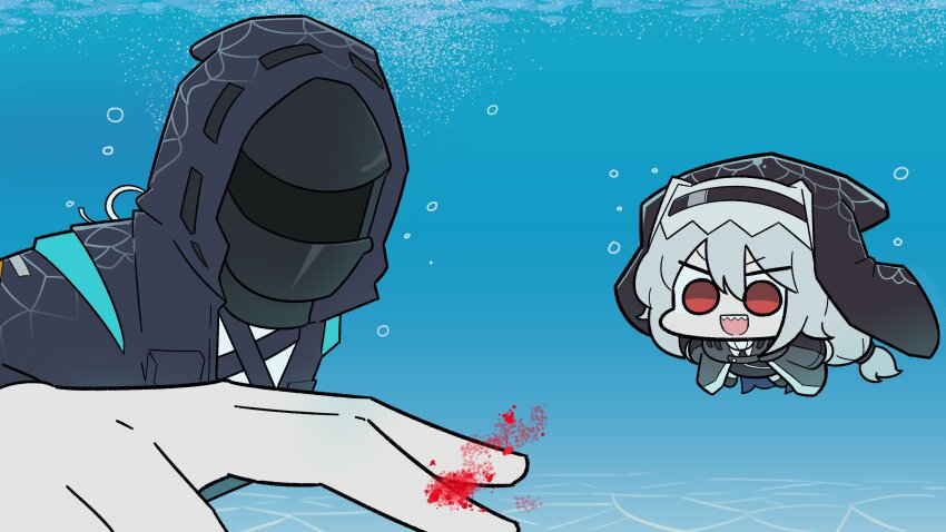 1boy 1girl 1other air_bubble ambiguous_gender arknights black_dress bleeding blood bubble coif cuts doctor_(arknights) dress grey_hair highres hood hood_up hooded_coat injury long_hair malrangdonut nun red_eyes scene_reference specter_(arknights) submerged swimming underwater