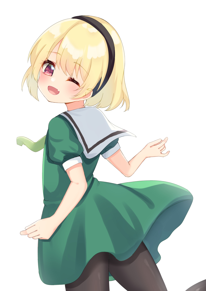 1girl ;d black_hairband black_pantyhose blonde_hair blush commentary_request dress fang green_dress green_necktie hair_between_eyes hairband highres higurashi_no_naku_koro_ni houjou_satoko looking_at_viewer looking_to_the_side necktie one_eye_closed open_mouth pantyhose puffy_short_sleeves puffy_sleeves red_eyes sailor_collar sailor_dress short_sleeves simple_background smile solo suzu_(minagi) white_background white_sailor_collar