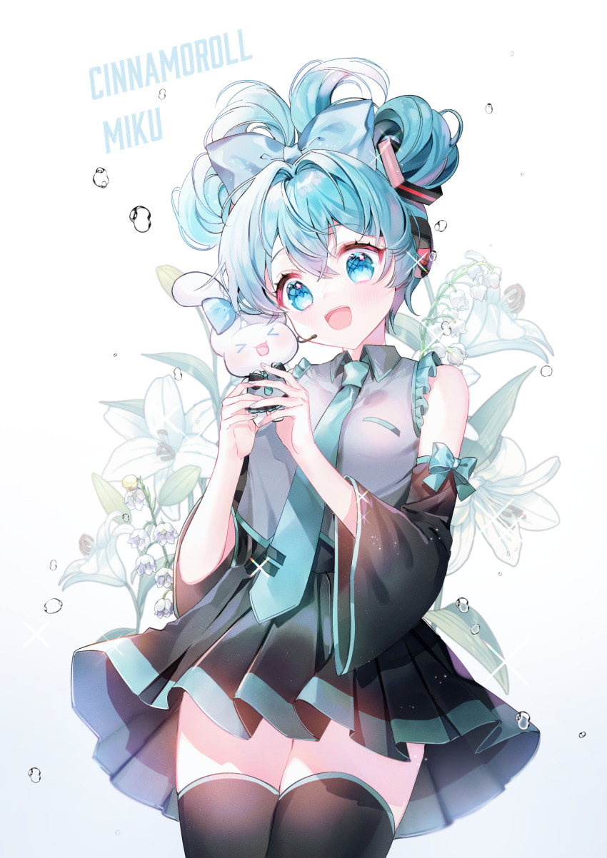 &gt;_&lt; 1girl :d aqua_bow aqua_eyes aqua_hair aqua_necktie black_skirt black_sleeves black_thighhighs bow character_name cinnamiku cinnamoroll cosplay creature crossed_bangs detached_sleeves flower folded_twintails frilled_shirt frills grey_shirt hair_between_eyes hair_bow hatsune_miku hatsune_miku_(cosplay) high-waist_skirt highres holding holding_creature matching_outfits microphone miniskirt necktie open_mouth pleated_skirt sanrio shina_(sbk951121) shirt skirt sleeve_bow sleeveless sleeveless_shirt smile thighhighs tied_ears updo vocaloid water white_flower white_lily zettai_ryouiki